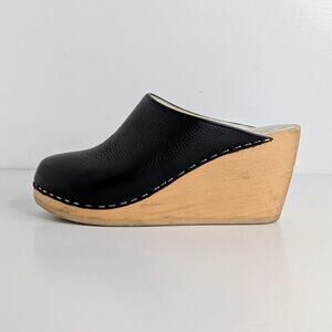 Maguba Clogs Wedge Heels 37 Black Leather Wood Platform Scandinavian Boho